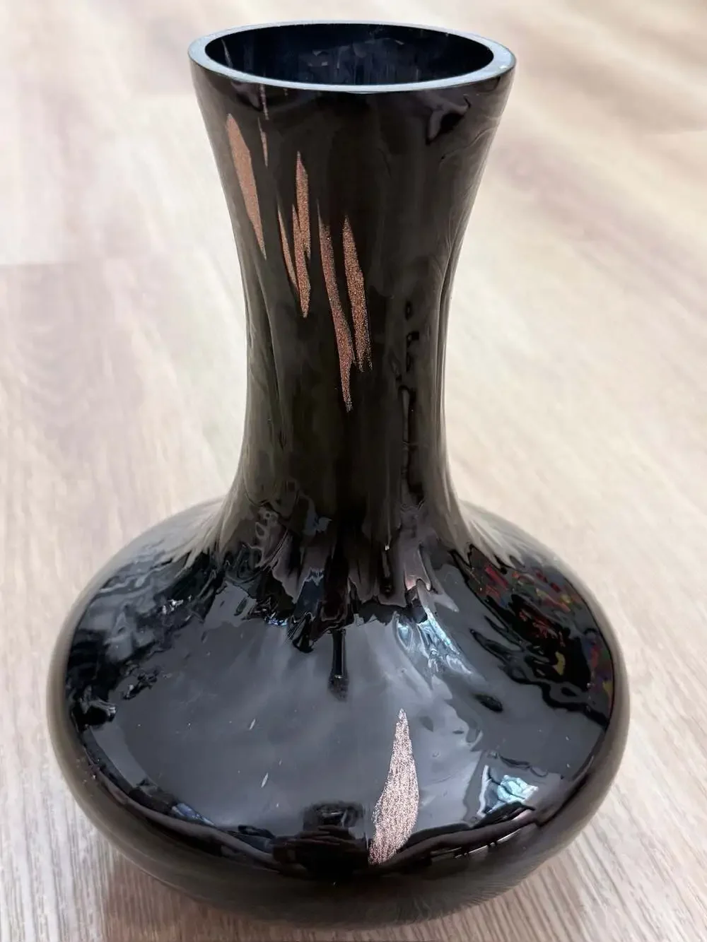 Vintage Mid-Century Modern Black Glass Vase with Metallic Drip Detail